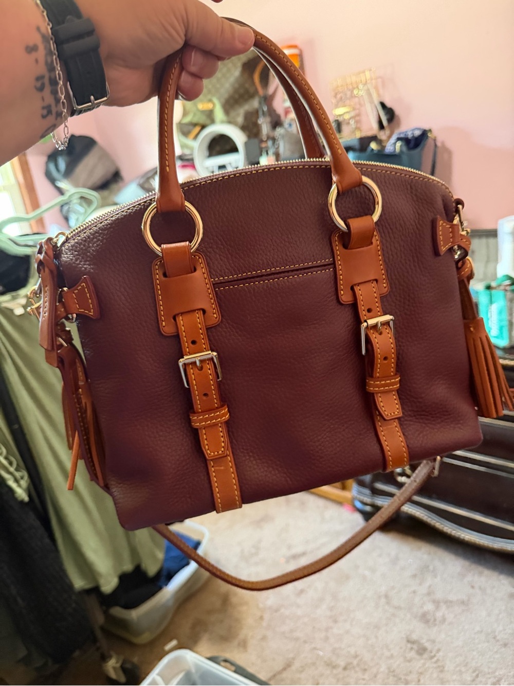 Dooney & Bourke Burgundy/Plum Bristol Satchel with Brown Trim and Gold Hardware - Picture 3 of 6